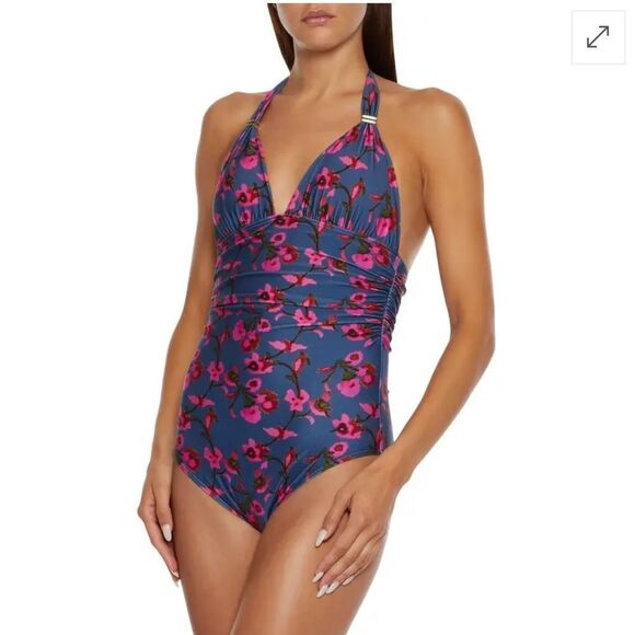 VIX PAULA HERMANNY Fiore Bia Ruched Floral-Print Halterneck Swimsuit Cobalt Blue - Picture 2 of 13